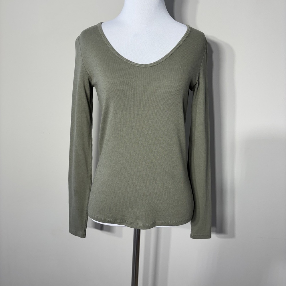 MM Lafleur Top‎ Womens Small Green Ribbed Knit V-Neck Long Sleeve Pima Cotton S